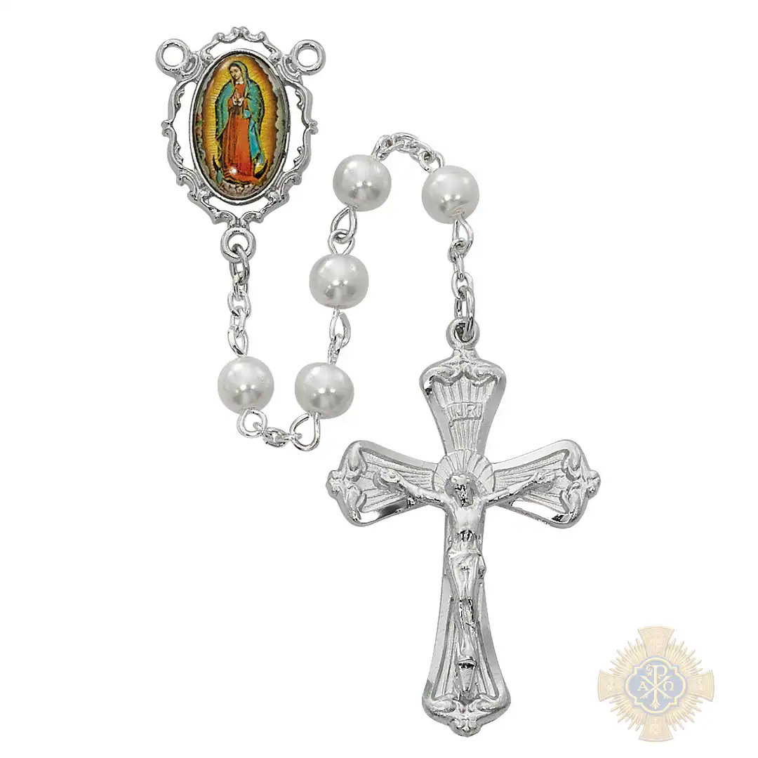 White Lady Of Guadalupe Rosary With Pewter Crucifix White Lady Of Guadalupe Rosary With Pewter Crucifix