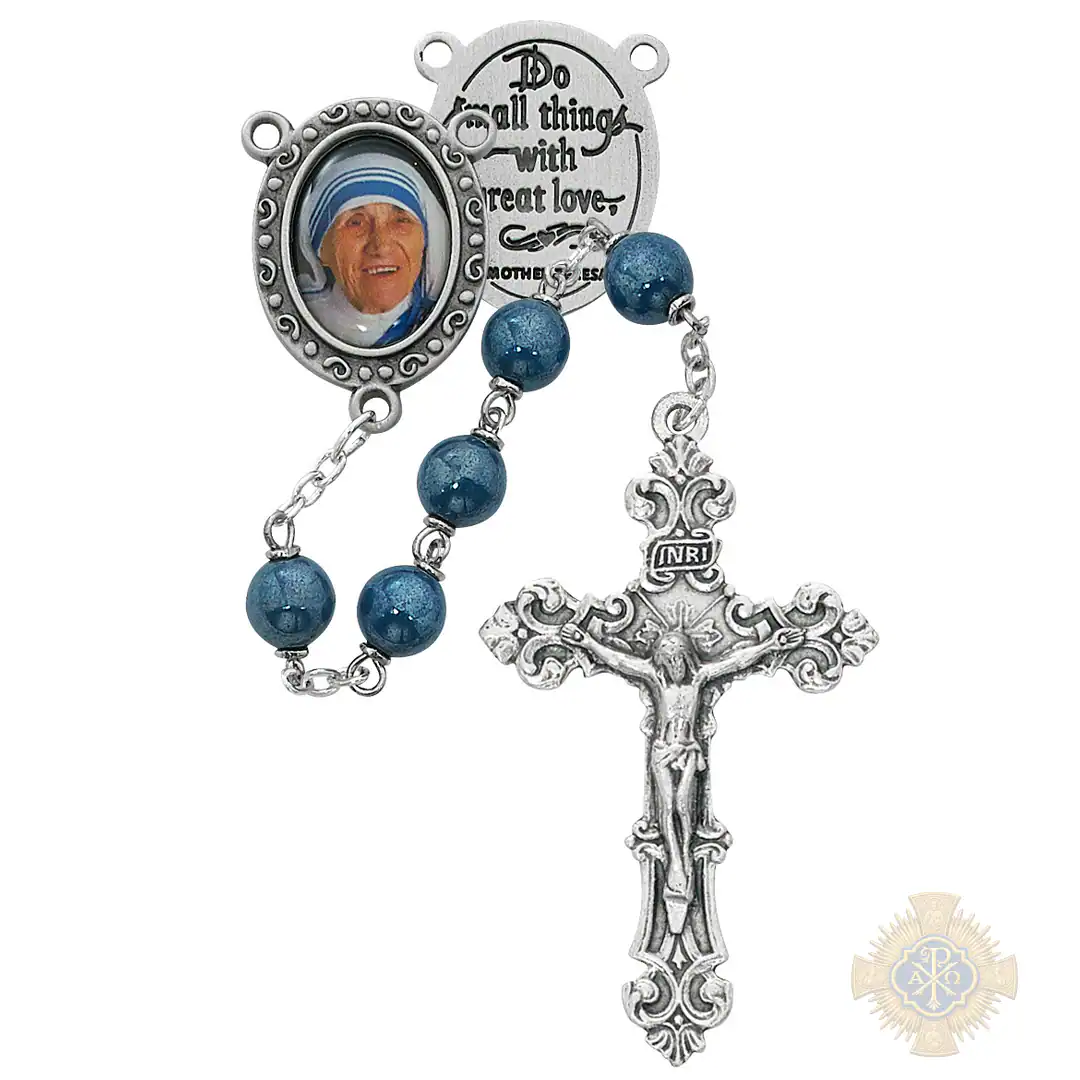 Blue Mother Teresa Rosary With Pewter Crucifix Blue Mother Teresa Rosary With Pewter Crucifix