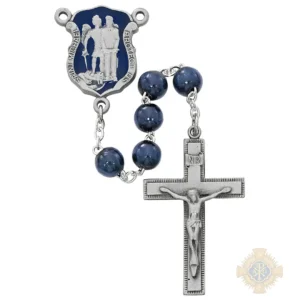 Blue Wood St Michael Badge Rosary With Pewter Crucifix