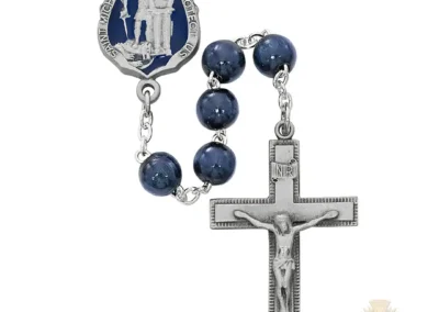 Blue Wood St Michael Badge Rosary With Pewter Crucifix