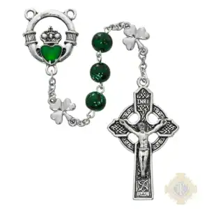 Green Shamrock Claddagh Rosary With Zinc Alloy Crucifix