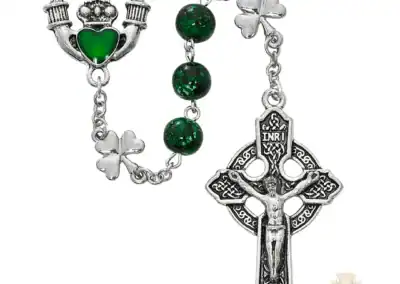 Green Shamrock Claddagh Rosary With Zinc Alloy Crucifix