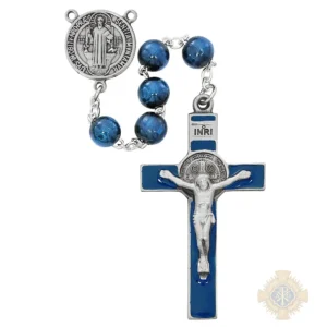 Blue Wood St Benedict Rosary With Pewter Crucifix