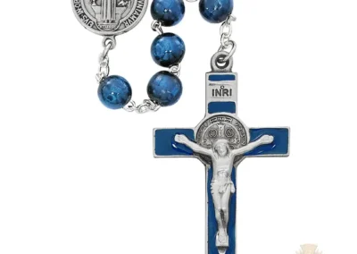 Blue Wood St Benedict Rosary With Pewter Crucifix