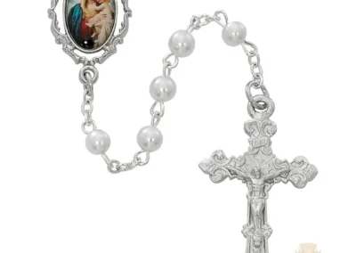 White Mother & Child Decal Rosary With Pewter Crucifix