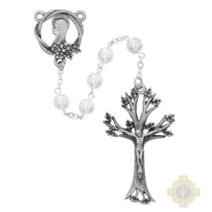 White Glass Dogwood Rosary With Pewter Crucifix