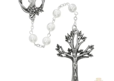 White Glass Dogwood Rosary With Pewter Crucifix