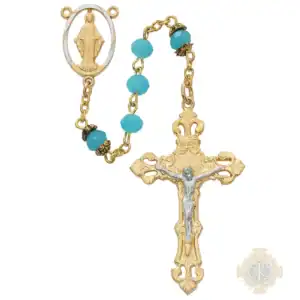 Gold Aqua Glass Rosary With Pewter Crucifix