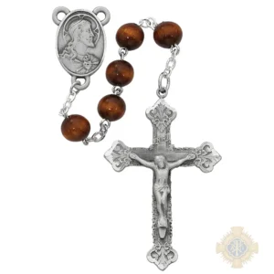 Brown Wood Scared Heart Rosary With Pewter Crucifix