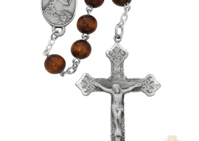 Brown Wood Scared Heart Rosary With Pewter Crucifix