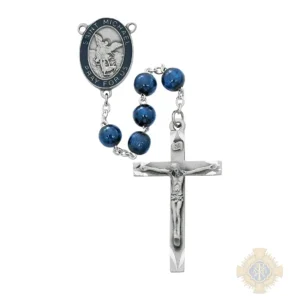 Blue Wood Epoxy St Michael Rosary With Pewter Crucifix