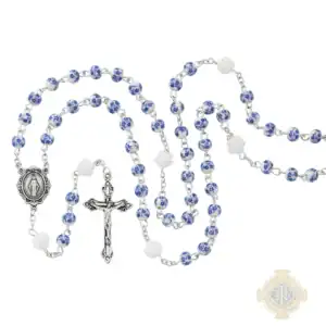 Blue Flower Ceramic Rosey With Zinc Alloy Crucifix