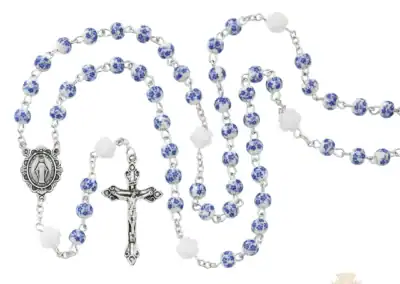Blue Flower Ceramic Rosey With Zinc Alloy Crucifix