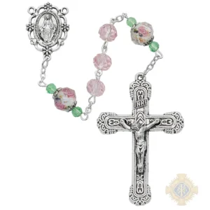 Pink & Flower Crystal Rosary With Zinc Alloy Crucifix