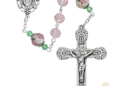 Pink & Flower Crystal Rosary With Zinc Alloy Crucifix