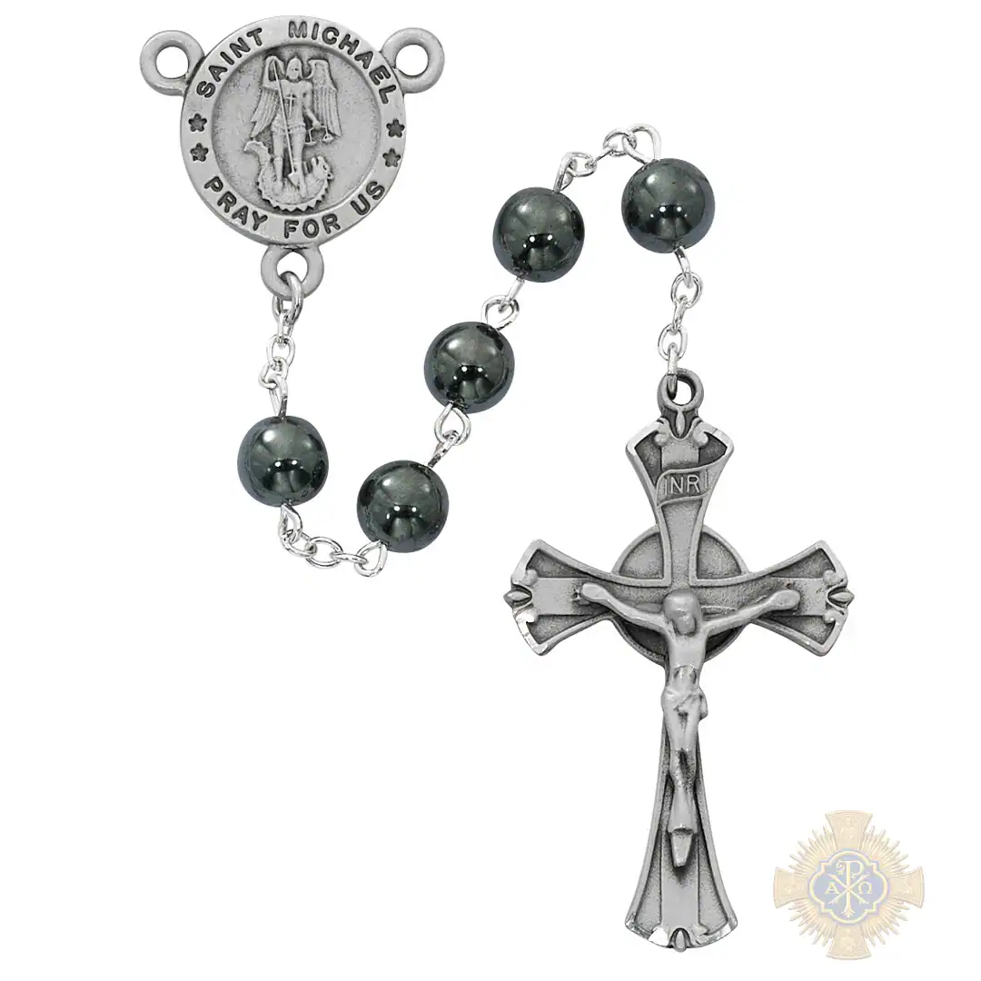 Hematite St Michael Rosary With Pewter Crucifix Hematite St Michael Rosary With Pewter Crucifix