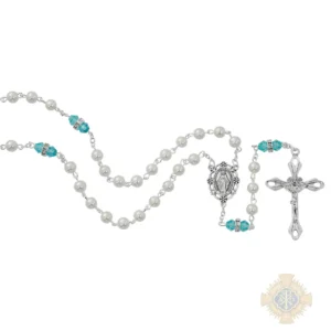Pearl And Aqua Rosary With Zinc Center And Crucifixed