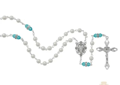 Pearl And Aqua Rosary With Zinc Center And Crucifixed