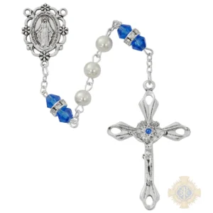 Pearl And Saphire Rosary With Zinc Center And Crucifixed