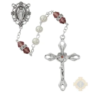 Pearl And Dark Amethyst Rosary With Zinc Center And Crucifixed
