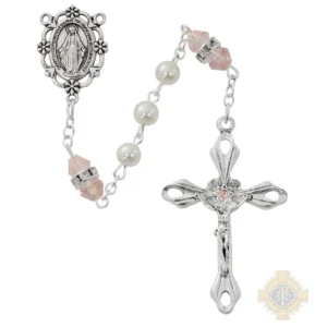 Pearl And Rose Rosary With Zinc Center And Crucifixed