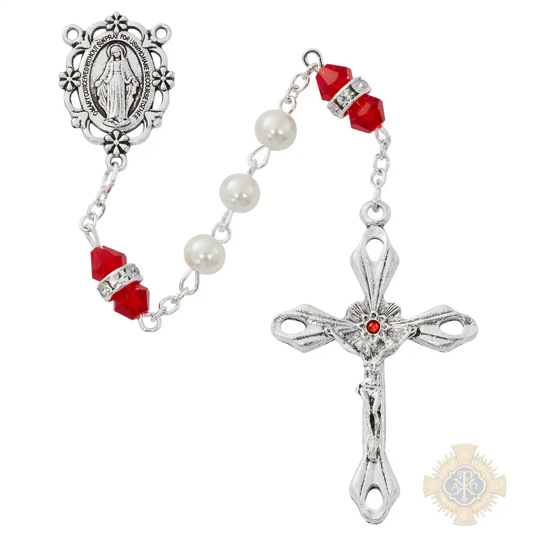 Pearl And Ruby Rosary With Zinc Center And Crucifixed Pearl And Ruby Rosary With Zinc Center And Crucifixed