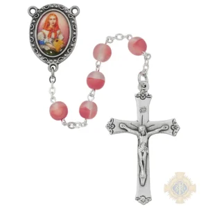 7Mm Pink Frosted St. Dymphna Decal Image Rosary With Pewter Crucifix