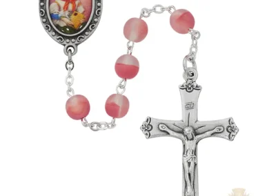 7Mm Pink Frosted St. Dymphna Decal Image Rosary With Pewter Crucifix